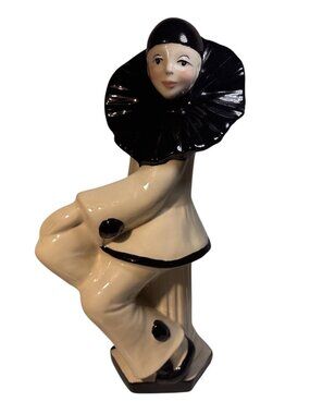 Ceramic Pierrot Clown Figurine Black & Cream Ruffled Collar Art Deco Style 10"